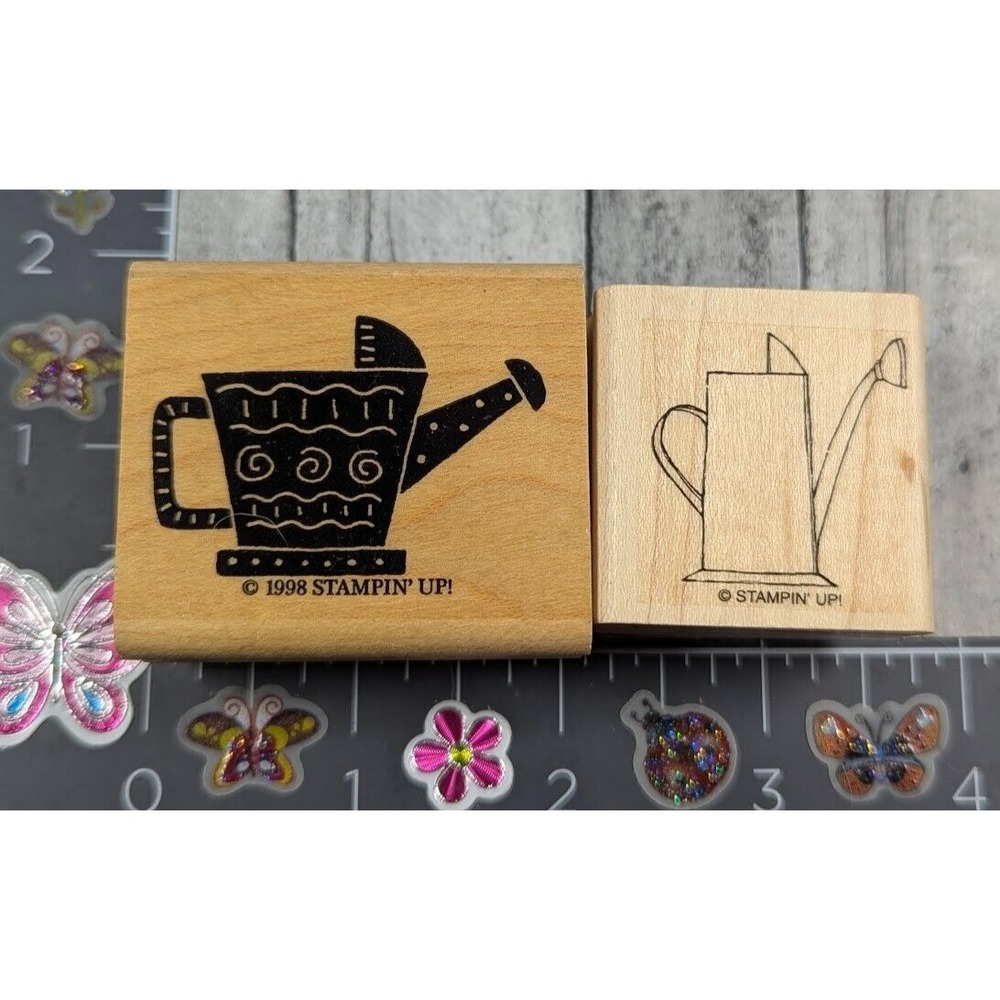 Stampin' Up! Flower Watering Cans Lot of 2 Rubber Stamp Wood #H66